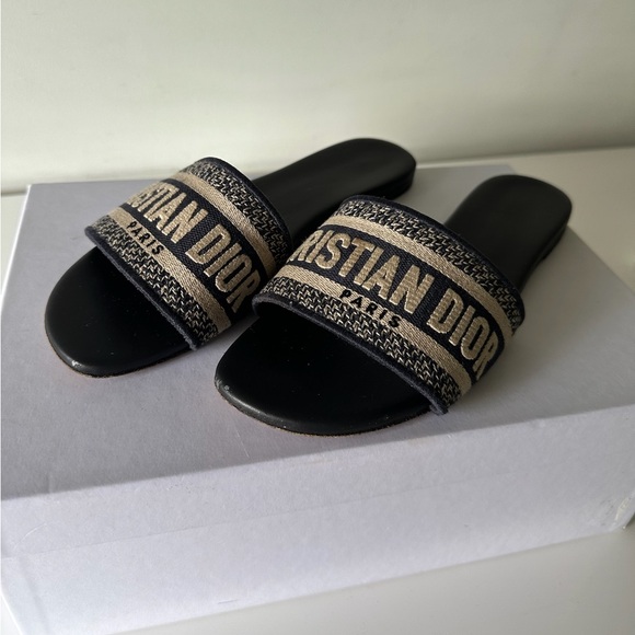 Dior Shoes - Christian Dior Dway Slides Deep Blue Embroidered Cotton Sandals Size 37.5